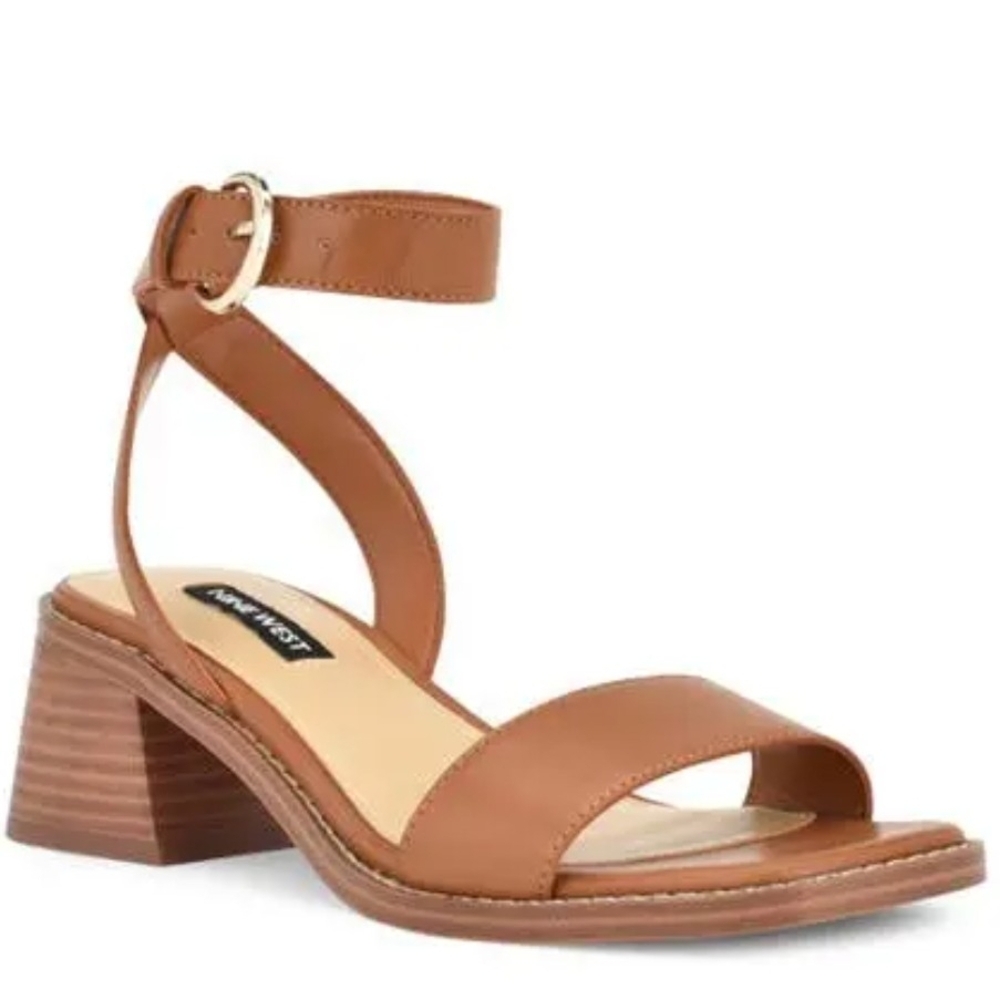 Nine West Tan Leather Block Heel Sandals with Ankle Strap